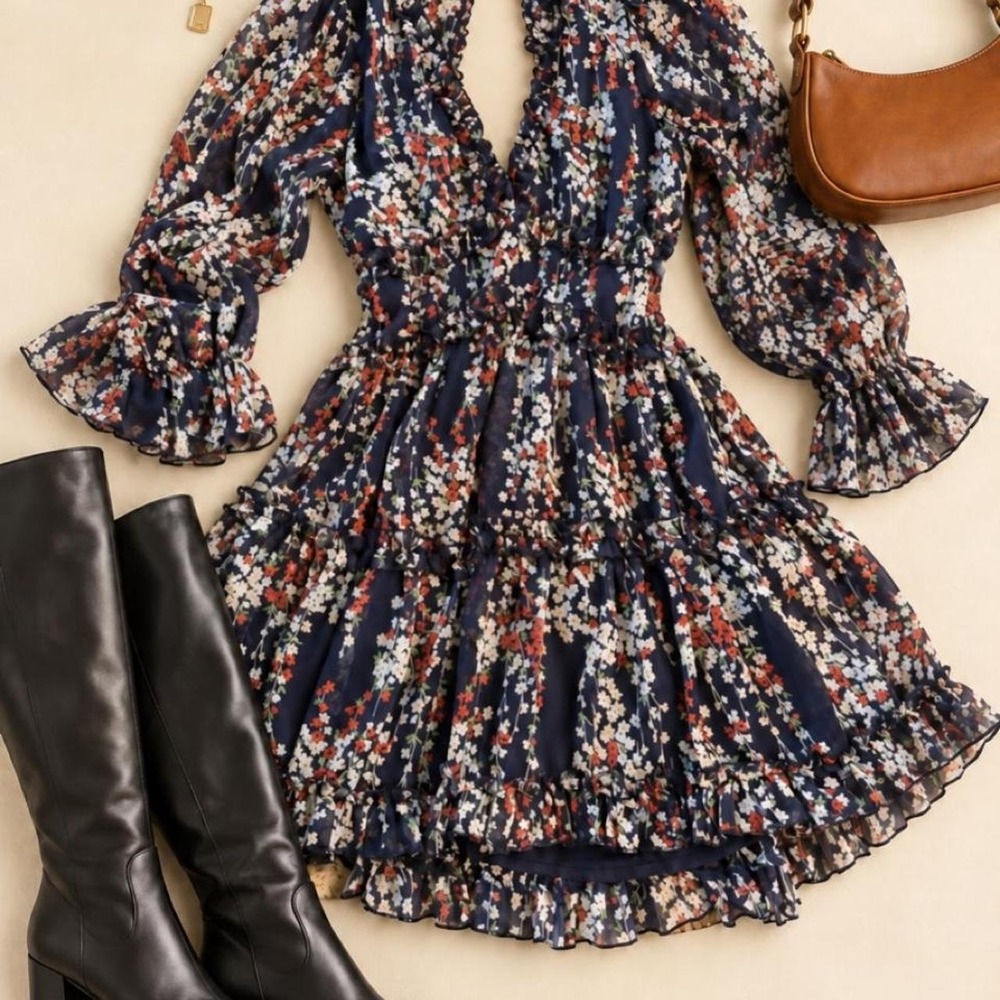 NWT Saints + Secrets navy floral ruffle mini dress . Ruffles, Sheer Long Sleeves